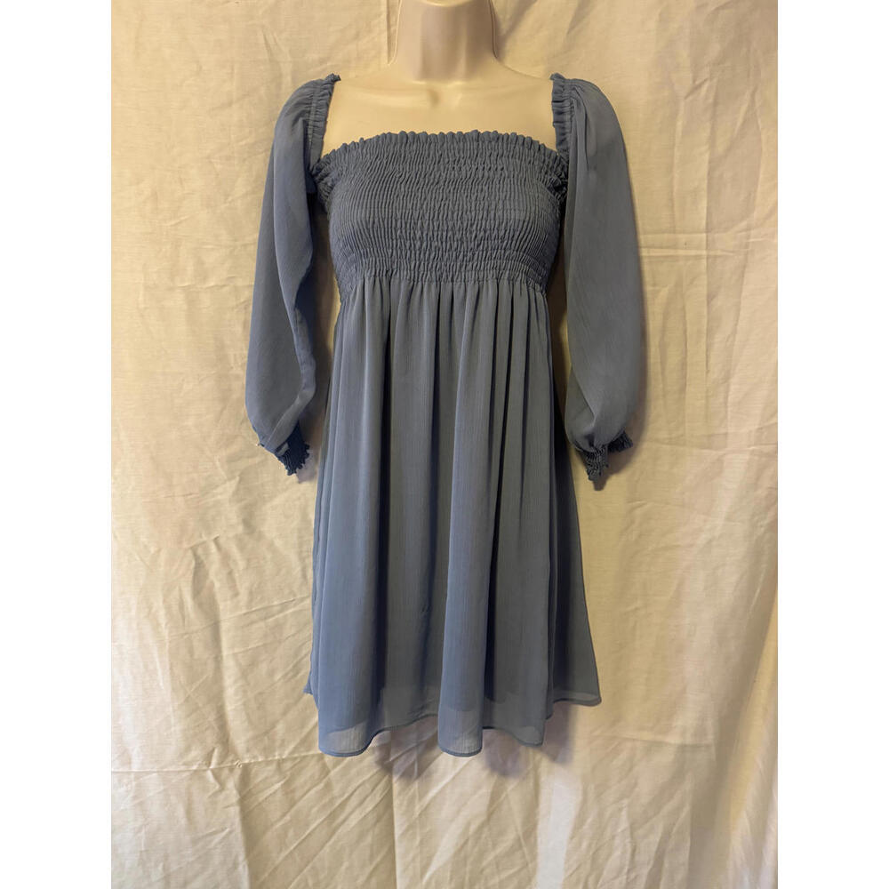 Zara Basic Blue Smocked Long Sleeve‎ Dress Size M